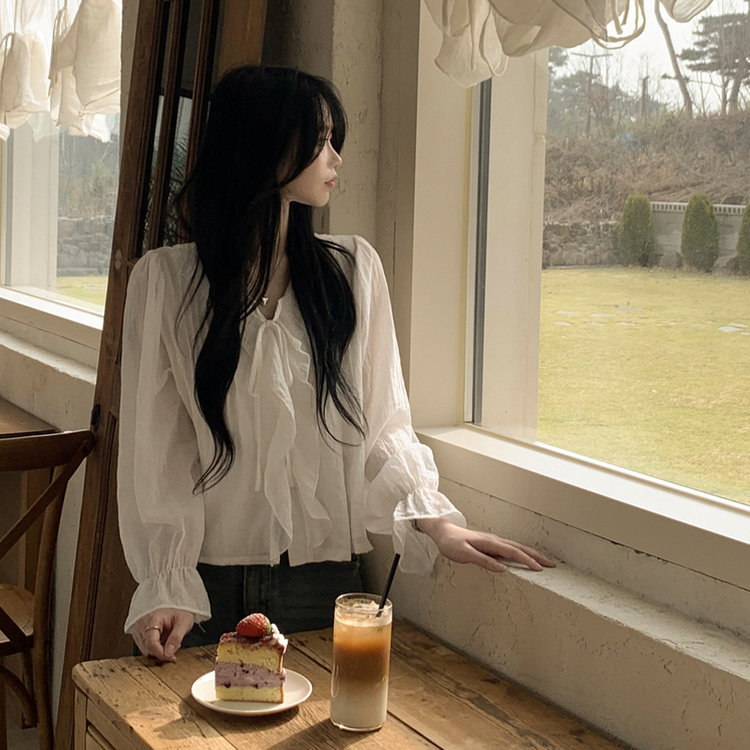 러블리 러플 스트랩 리본 프릴 시스루 브이넥 루즈핏 긴팔 쉬폰 블라우스 데이트룩 직장인룩 화이트