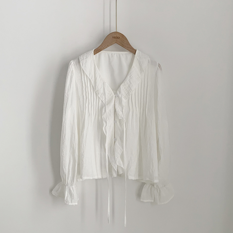 러블리 러플 스트랩 리본 프릴 시스루 브이넥 루즈핏 긴팔 쉬폰 블라우스 데이트룩 직장인룩