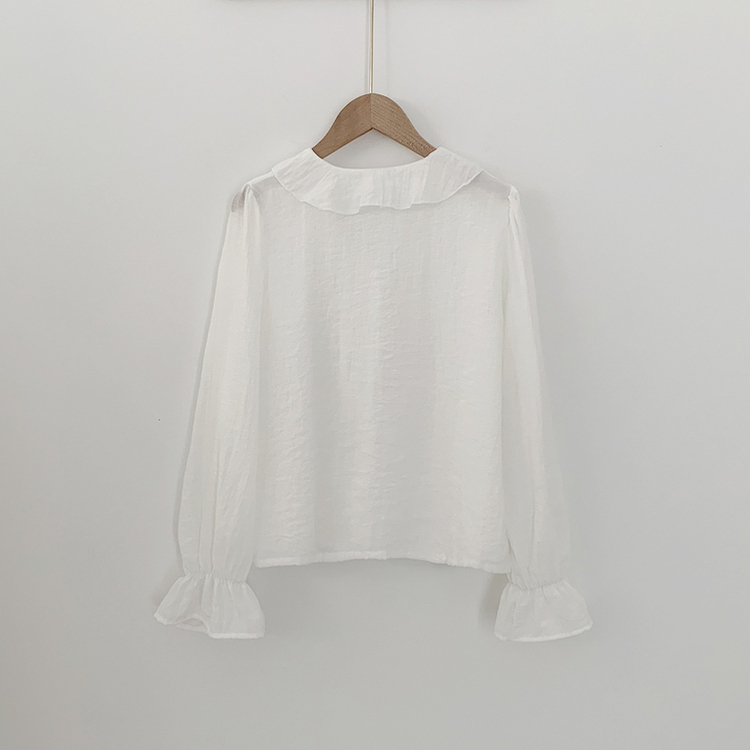 러블리 러플 스트랩 리본 프릴 시스루 브이넥 루즈핏 긴팔 쉬폰 블라우스 데이트룩 직장인룩