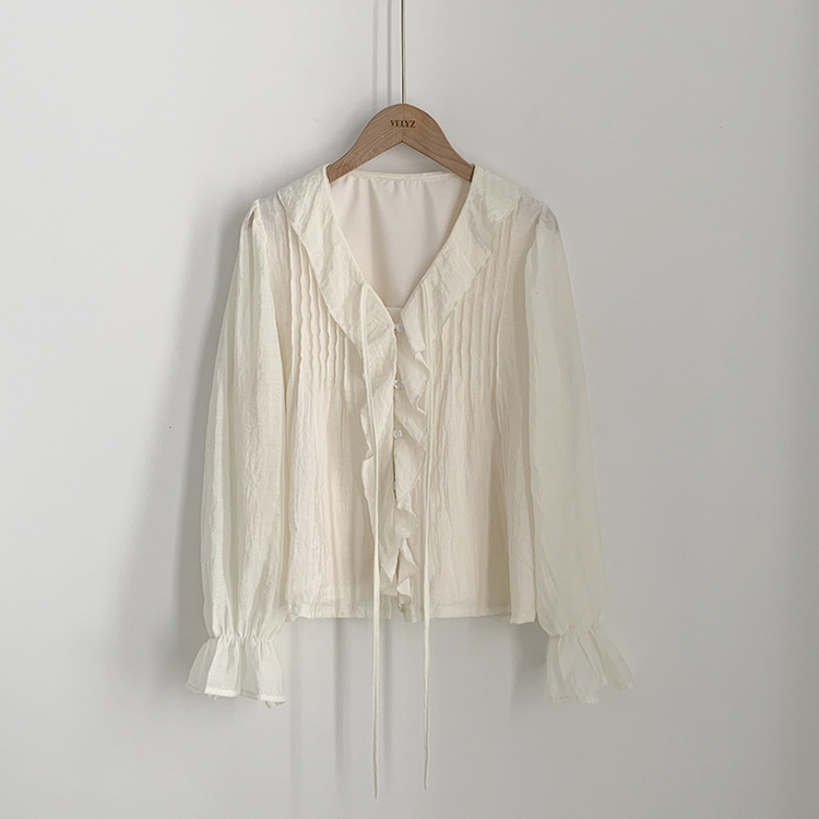 러블리 러플 스트랩 리본 프릴 시스루 브이넥 루즈핏 긴팔 쉬폰 블라우스 데이트룩 직장인룩