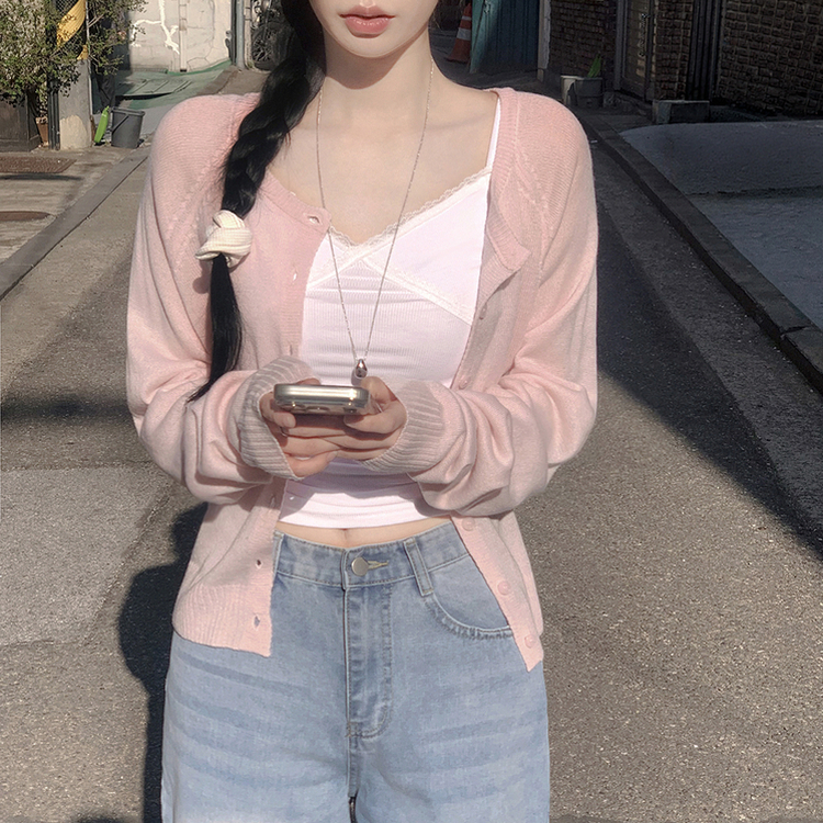 햇빛차단 레이스패치 썸머 라운드 핑크 파스텔 시스루 여름가디건 팔뚝살커버 벚꽃룩 핑크