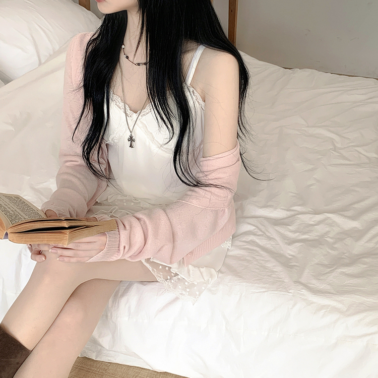 햇빛차단 레이스패치 썸머 라운드 핑크 파스텔 시스루 여름가디건 팔뚝살커버 벚꽃룩 핑크