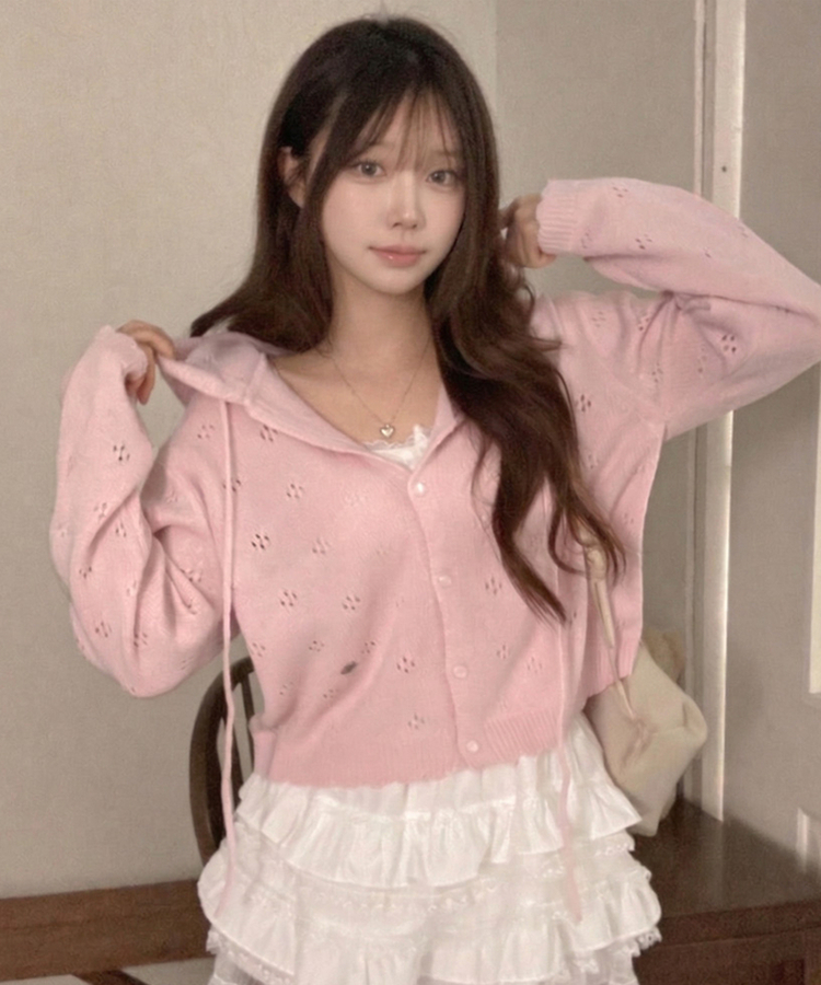 리브 후드 스카시 플라워 펀칭 팬던트 후드 가디건 핑크