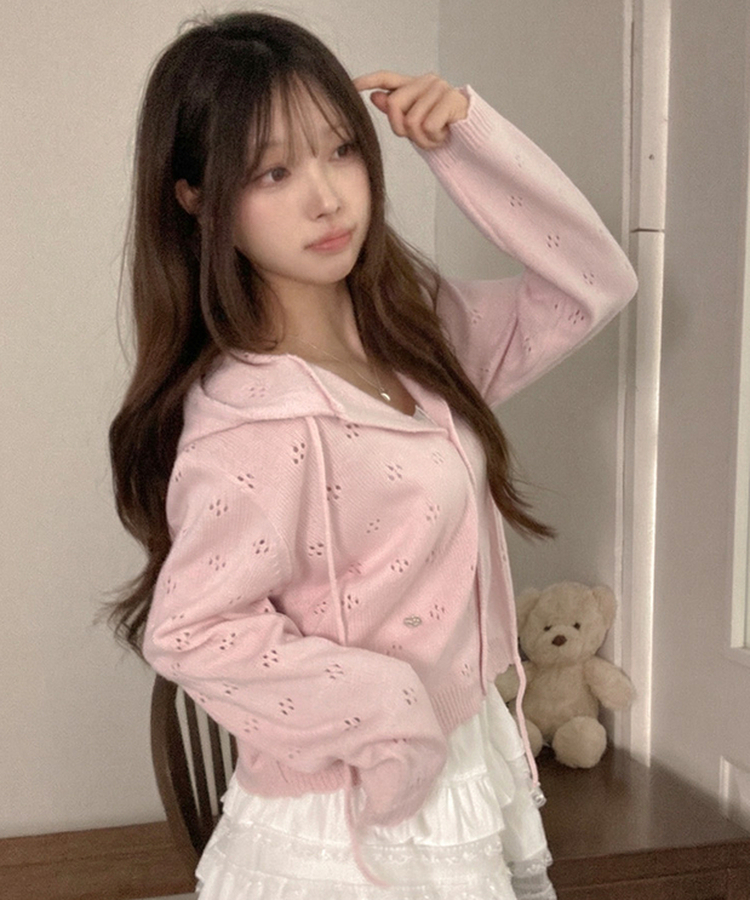 리브 후드 스카시 플라워 펀칭 팬던트 후드 가디건 핑크