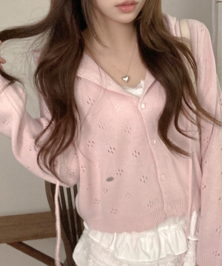 리브 후드 스카시 플라워 펀칭 팬던트 후드 가디건 핑크