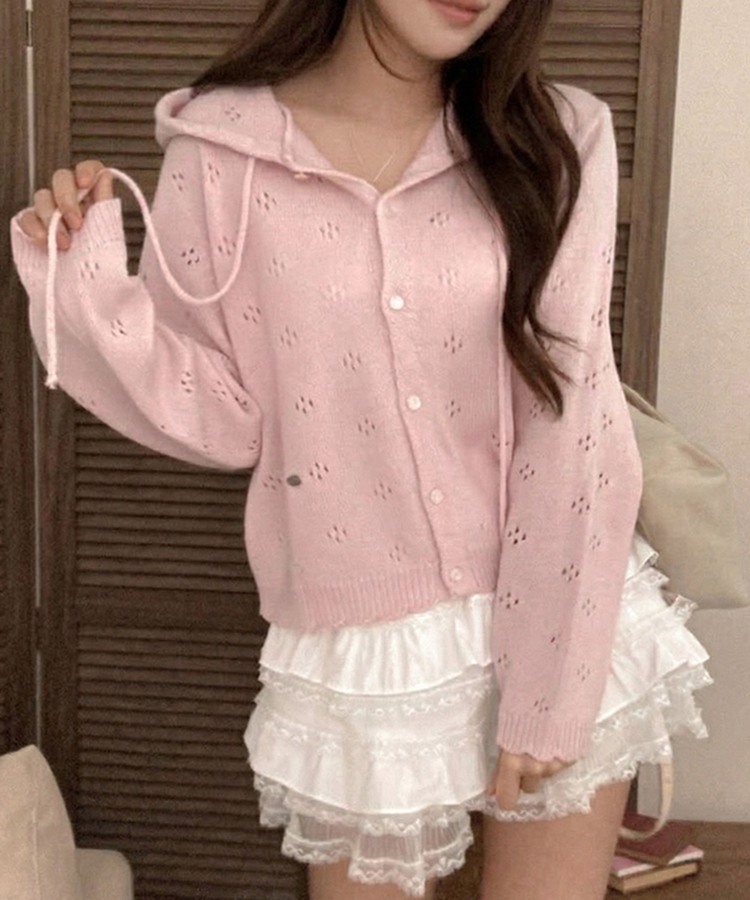 리브 후드 스카시 플라워 펀칭 팬던트 후드 가디건 핑크