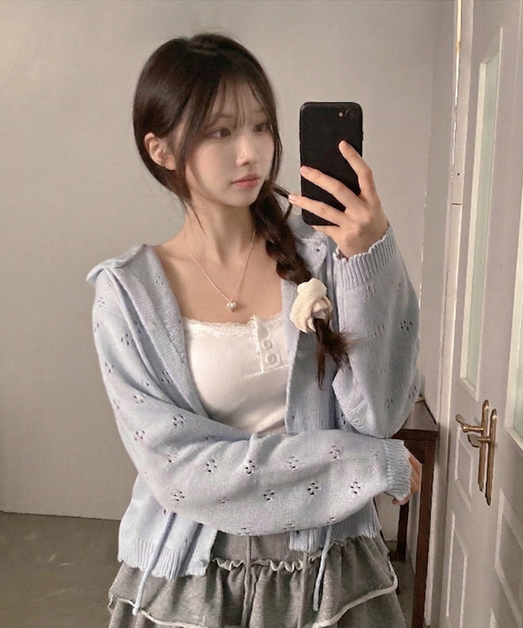 리브 후드 스카시 플라워 펀칭 팬던트 후드 가디건 소라