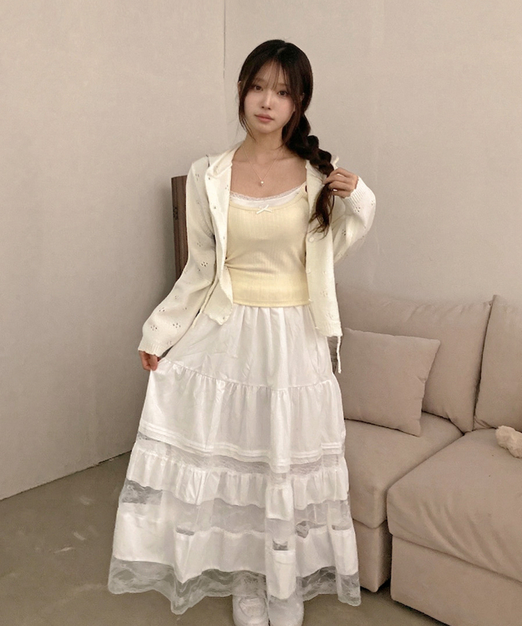 리브 후드 스카시 플라워 펀칭 팬던트 후드 가디건 아이보리