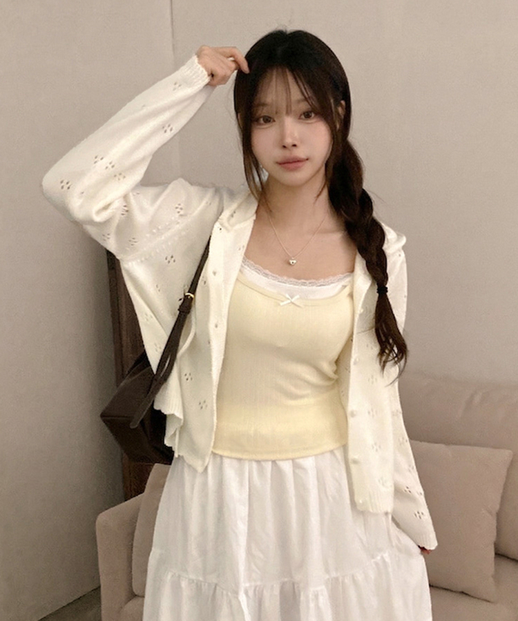 리브 후드 스카시 플라워 펀칭 팬던트 후드 가디건 아이보리