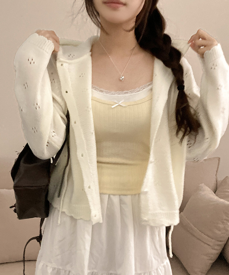 리브 후드 스카시 플라워 펀칭 팬던트 후드 가디건 아이보리