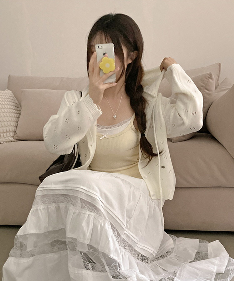 리브 후드 스카시 플라워 펀칭 팬던트 후드 가디건 아이보리