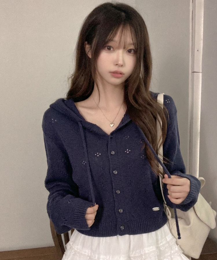 리브 후드 스카시 플라워 펀칭 팬던트 후드 가디건 네이비