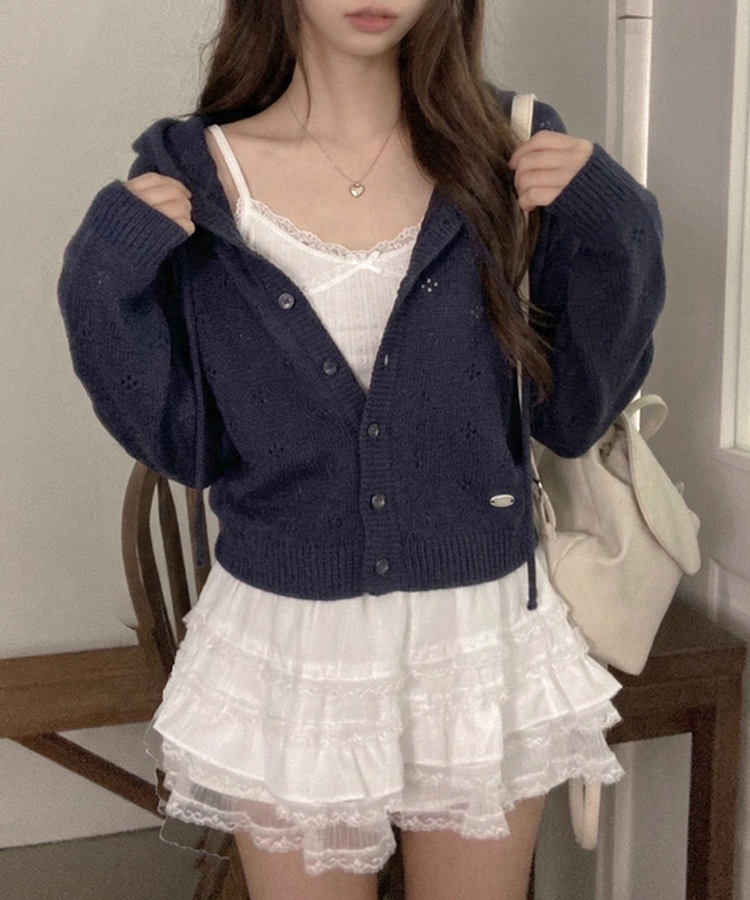 리브 후드 스카시 플라워 펀칭 팬던트 후드 가디건 네이비