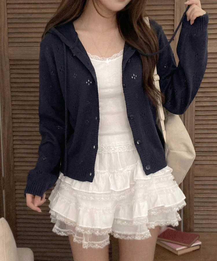 리브 후드 스카시 플라워 펀칭 팬던트 후드 가디건 네이비