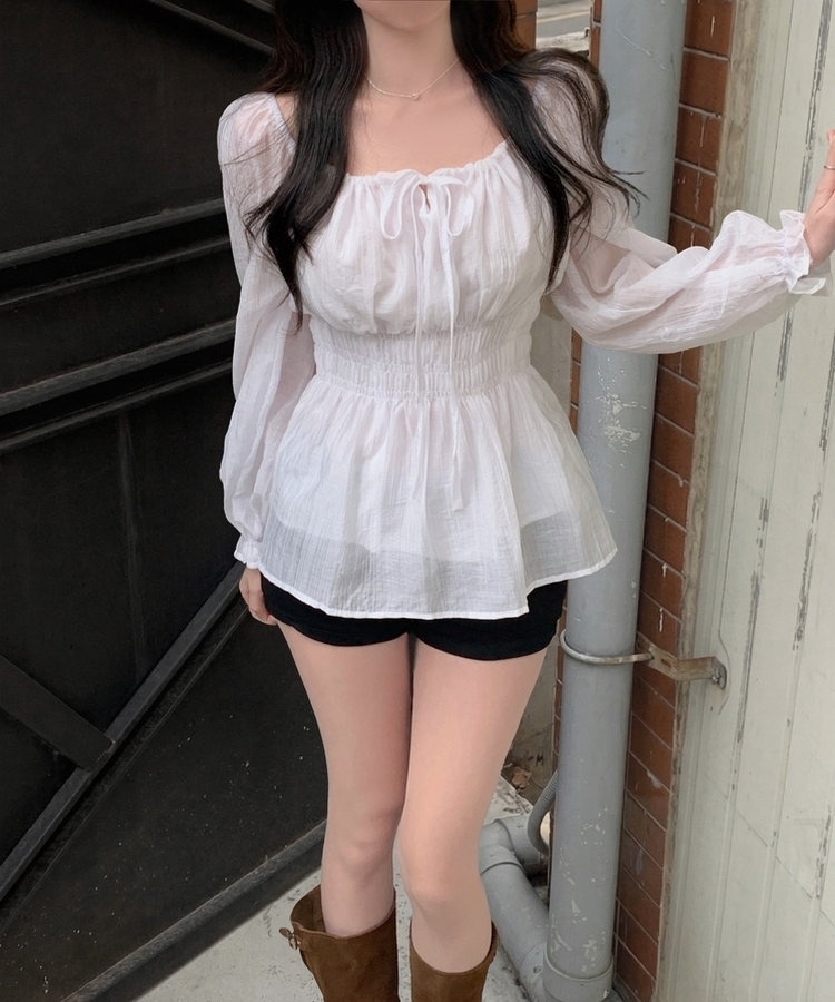 リボンシャーリングフレアブラウス IVORY