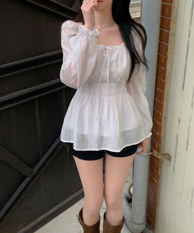 リボンシャーリングフレアブラウス IVORY