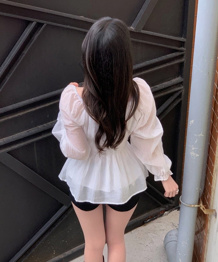 リボンシャーリングフレアブラウス IVORY