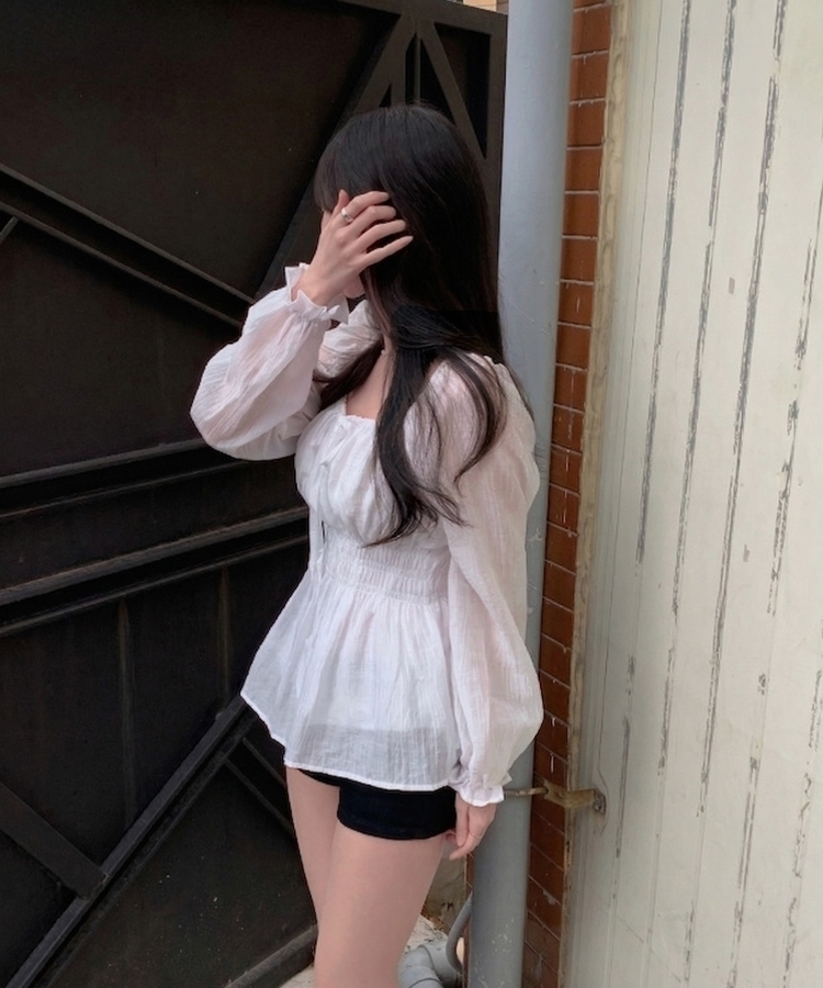 リボンシャーリングフレアブラウス IVORY