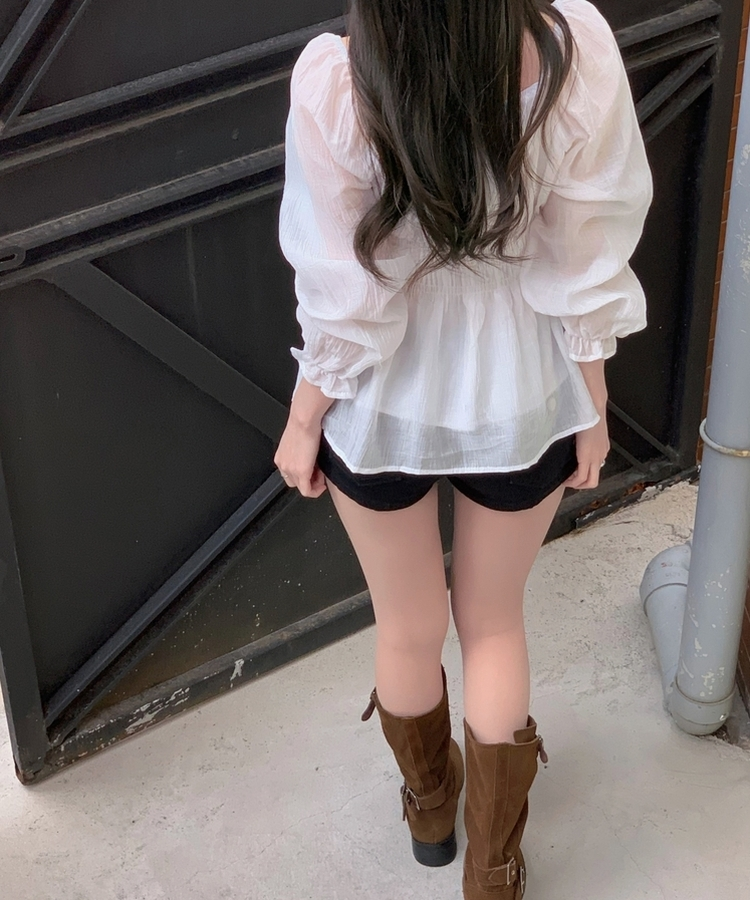 リボンシャーリングフレアブラウス IVORY