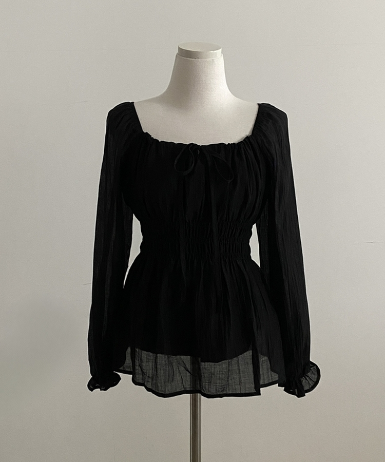 リボンシャーリングフレアブラウス
