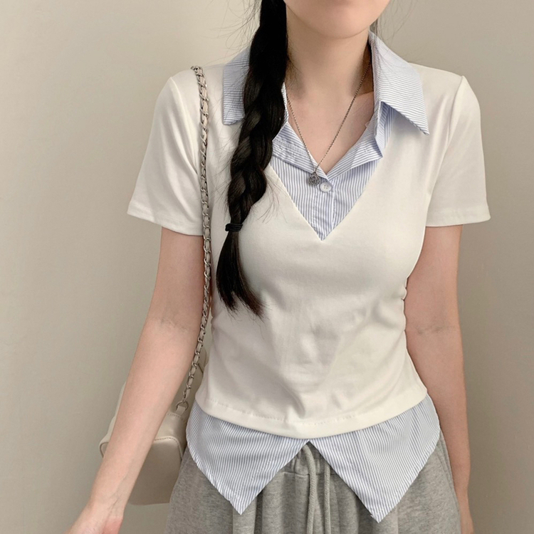 잘록핏 스트라이프 셔츠 레이어드 슬림핏 셔링 반팔티 반팔 반소매티셔츠 여름 여름옷 하객룩 화이트