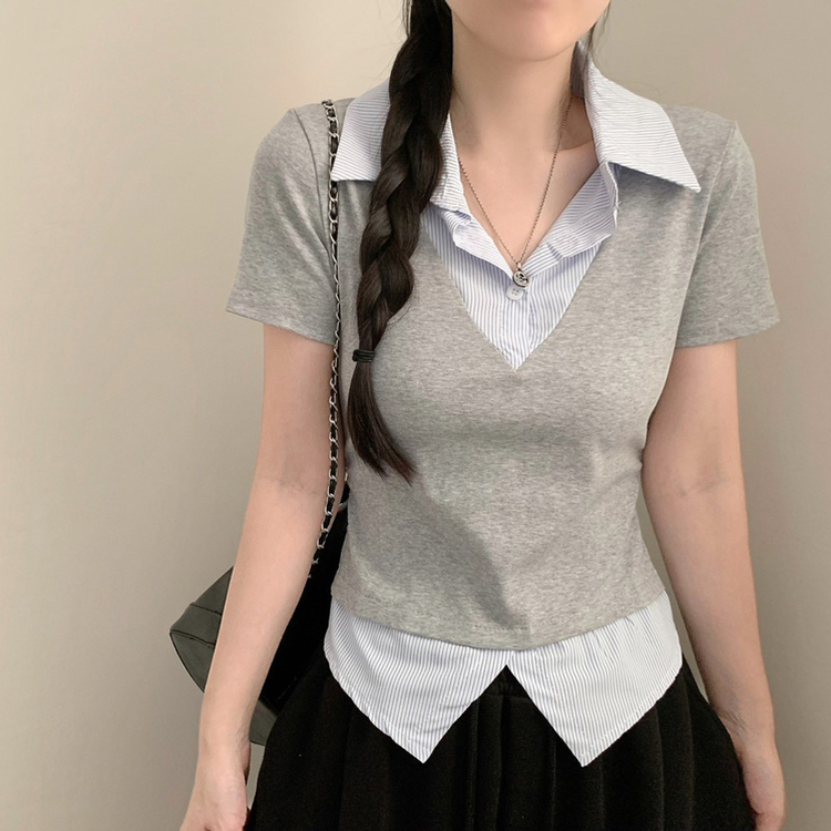 잘록핏 스트라이프 셔츠 레이어드 슬림핏 셔링 반팔티 반팔 반소매티셔츠 여름 여름옷 하객룩 그레이