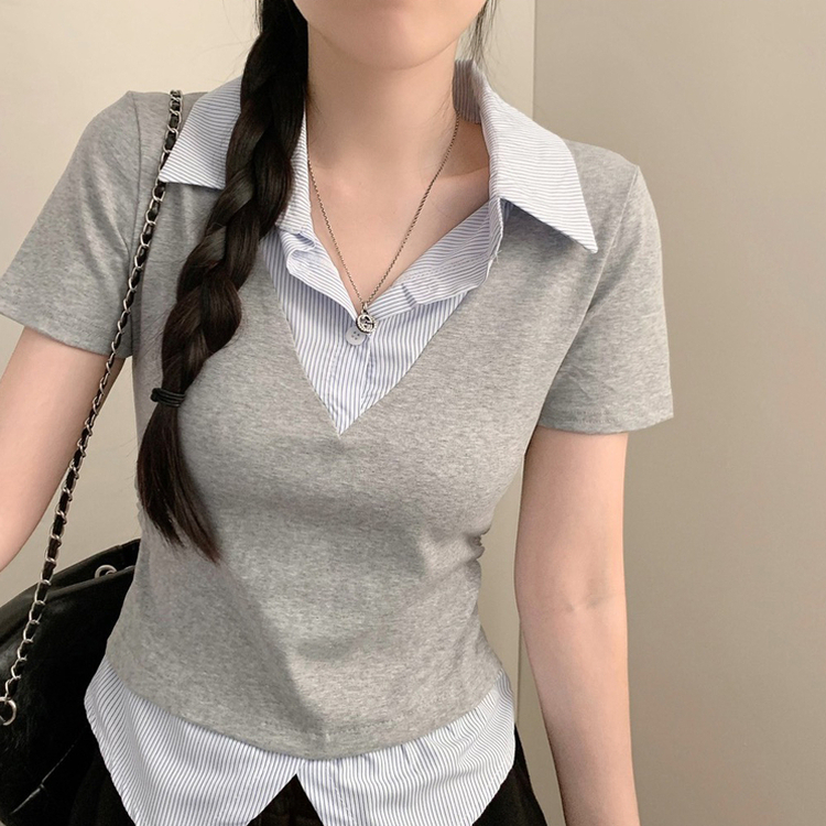 잘록핏 스트라이프 셔츠 레이어드 슬림핏 셔링 반팔티 반팔 반소매티셔츠 여름 여름옷 하객룩 그레이
