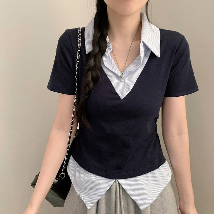 잘록핏 스트라이프 셔츠 레이어드 슬림핏 셔링 반팔티 반팔 반소매티셔츠 여름 여름옷 하객룩 네이비