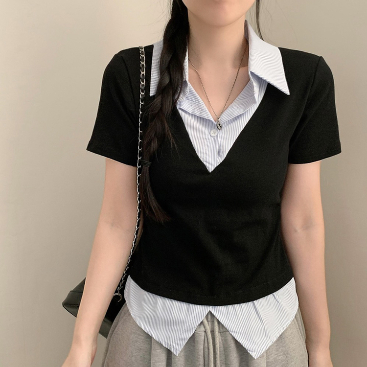 잘록핏 스트라이프 셔츠 레이어드 슬림핏 셔링 반팔티 반팔 반소매티셔츠 여름 여름옷 하객룩 블랙