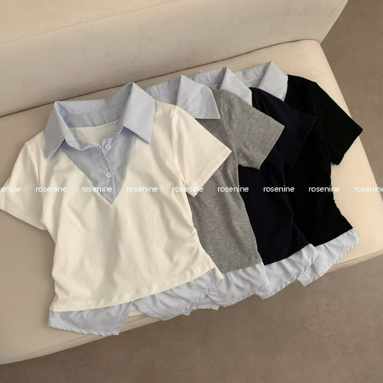 잘록핏 스트라이프 셔츠 레이어드 슬림핏 셔링 반팔티 반팔 반소매티셔츠 여름 여름옷 하객룩