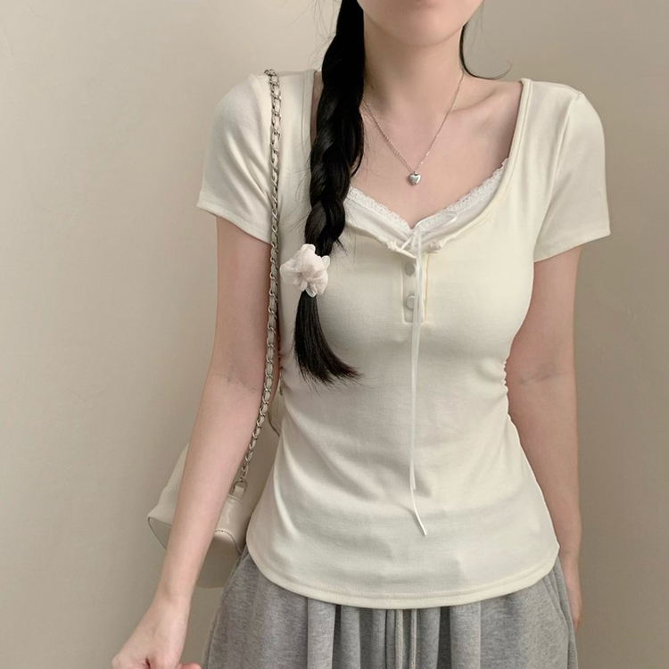 썸머 코코 레이어드 레이스 티셔츠 상의 단추 리본 반팔티 반소매티셔츠 봄옷 여름 여름옷 벚꽃 봄 청순 러블리 핑크 아이보리