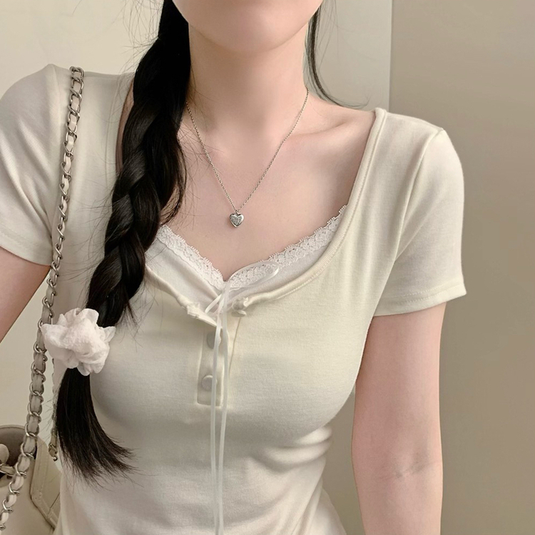 썸머 코코 레이어드 레이스 티셔츠 상의 단추 리본 반팔티 반소매티셔츠 봄옷 여름 여름옷 벚꽃 봄 청순 러블리 핑크 아이보리