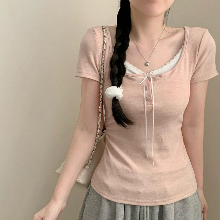 썸머 코코 레이어드 레이스 티셔츠 상의 단추 리본 반팔티 반소매티셔츠 봄옷 여름 여름옷 벚꽃 봄 청순 러블리 핑크 핑크