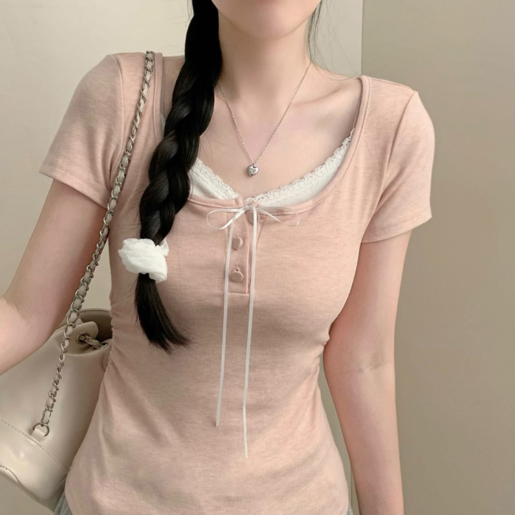 썸머 코코 레이어드 레이스 티셔츠 상의 단추 리본 반팔티 반소매티셔츠 봄옷 여름 여름옷 벚꽃 봄 청순 러블리 핑크 핑크