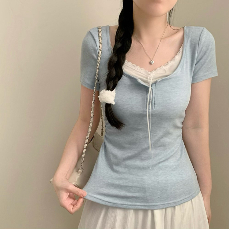 썸머 코코 레이어드 레이스 티셔츠 상의 단추 리본 반팔티 반소매티셔츠 봄옷 여름 여름옷 벚꽃 봄 청순 러블리 핑크 소라