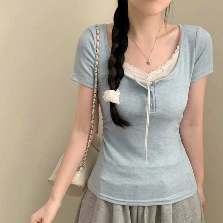 썸머 코코 레이어드 레이스 티셔츠 상의 단추 리본 반팔티 반소매티셔츠 봄옷 여름 여름옷 벚꽃 봄 청순 러블리 핑크 소라