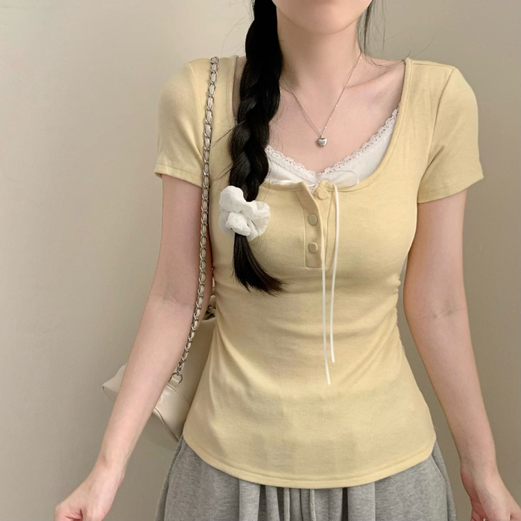 썸머 코코 레이어드 레이스 티셔츠 상의 단추 리본 반팔티 반소매티셔츠 봄옷 여름 여름옷 벚꽃 봄 청순 러블리 핑크 옐로우
