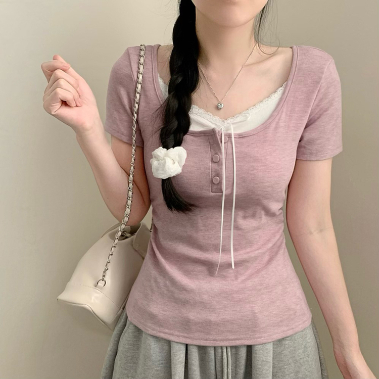 썸머 코코 레이어드 레이스 티셔츠 상의 단추 리본 반팔티 반소매티셔츠 봄옷 여름 여름옷 벚꽃 봄 청순 러블리 핑크 퍼플