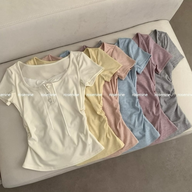 썸머 코코 레이어드 레이스 티셔츠 상의 단추 리본 반팔티 반소매티셔츠 봄옷 여름 여름옷 벚꽃 봄 청순 러블리 핑크