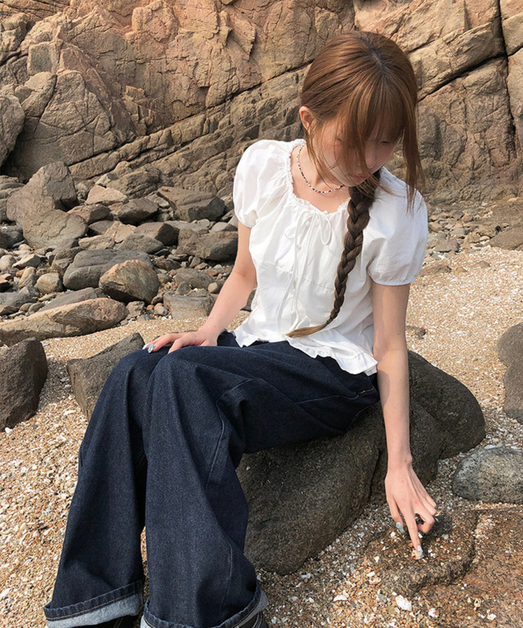 ボタンリボンフリルブラウス WHITE