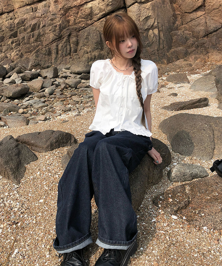 ボタンリボンフリルブラウス WHITE