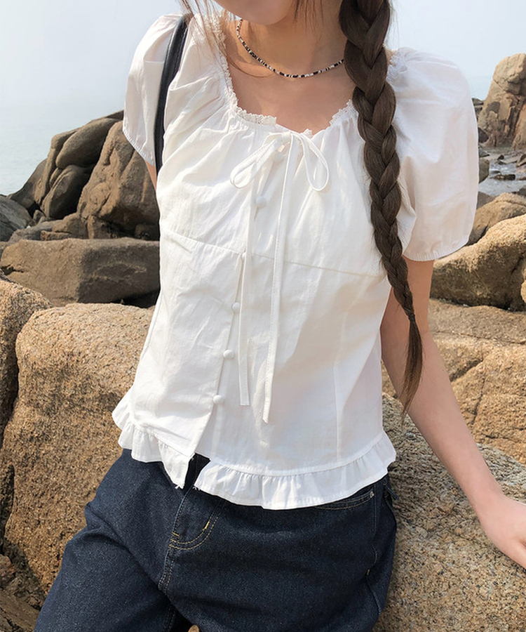 ボタンリボンフリルブラウス WHITE