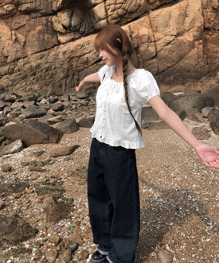 ボタンリボンフリルブラウス WHITE