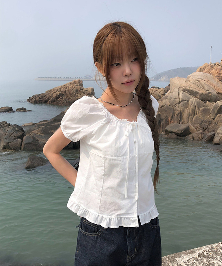 ボタンリボンフリルブラウス WHITE