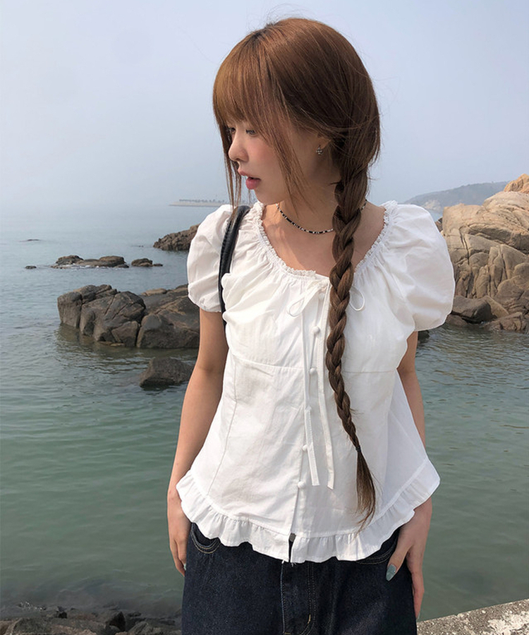 ボタンリボンフリルブラウス WHITE