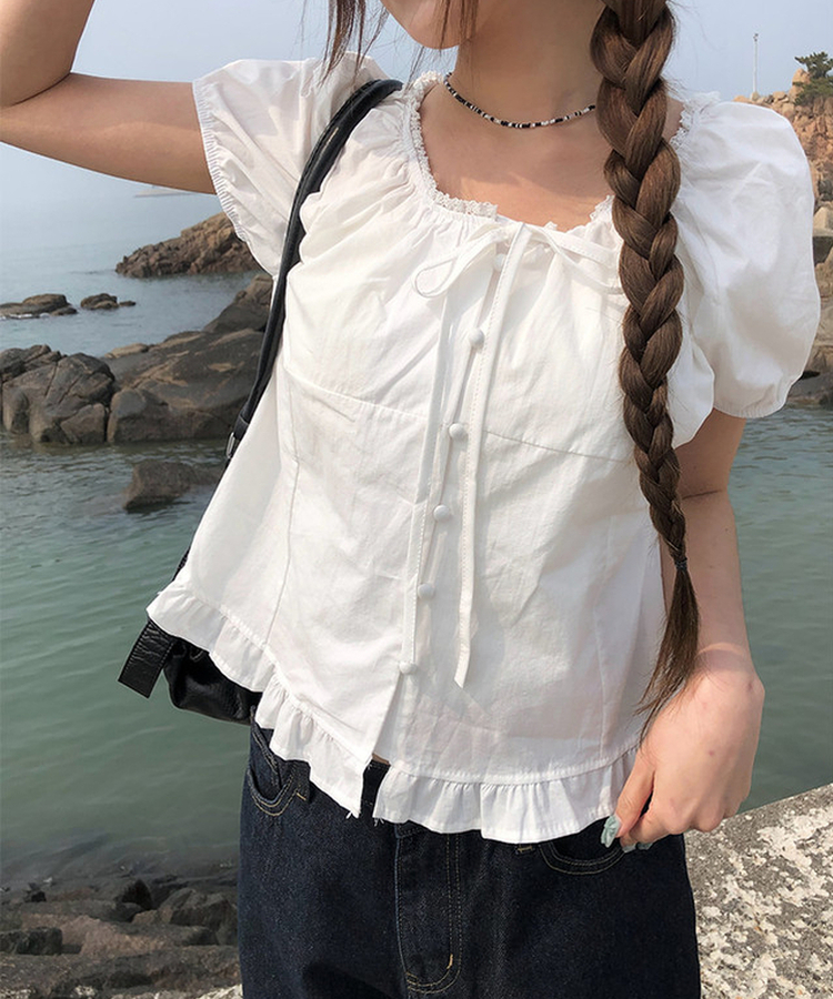 ボタンリボンフリルブラウス WHITE