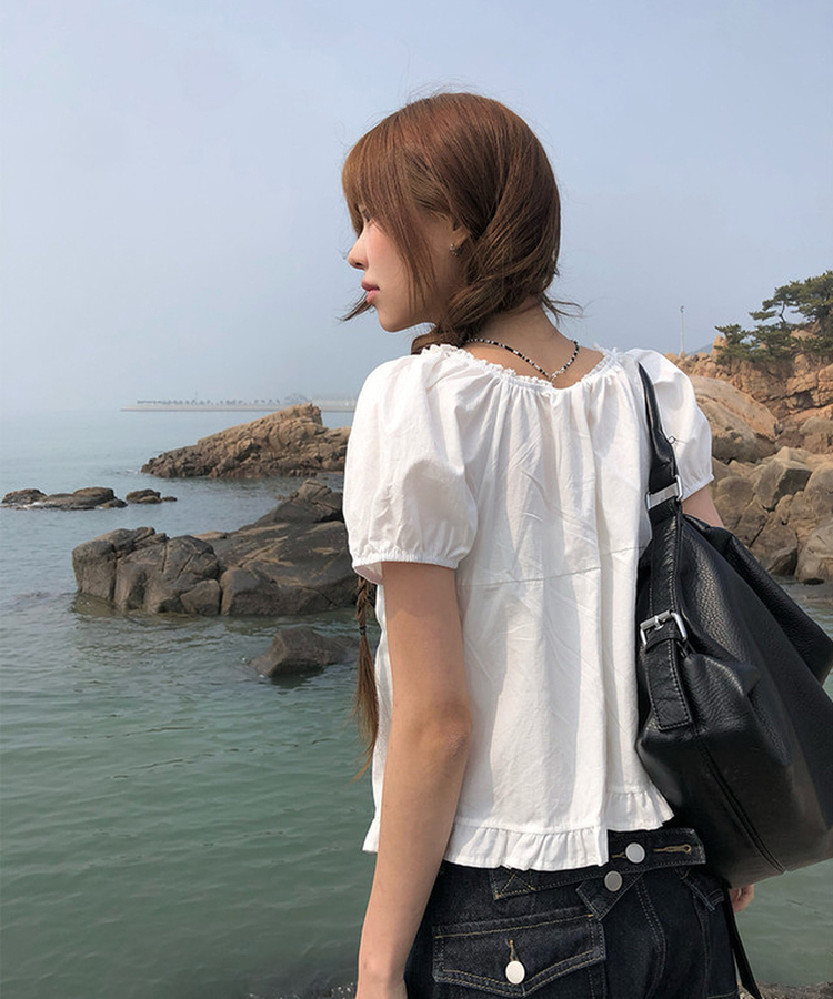 ボタンリボンフリルブラウス WHITE