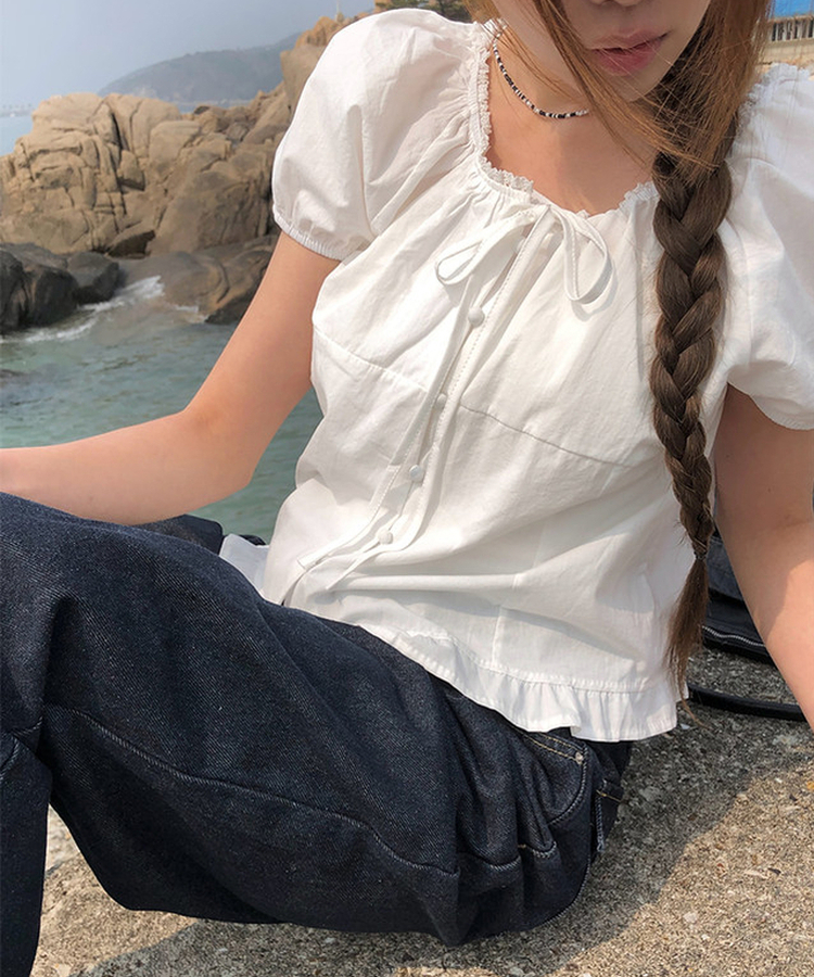 ボタンリボンフリルブラウス WHITE
