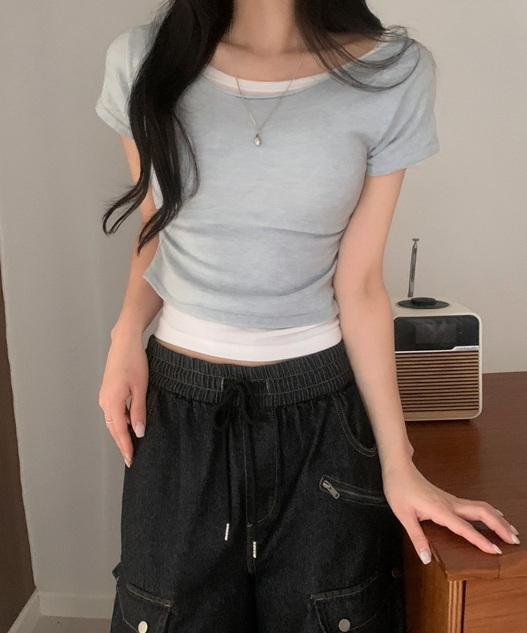 델리 레이어드 보트넥 셔링 여리핏 반팔 니트티셔츠 투피스 8color 소라