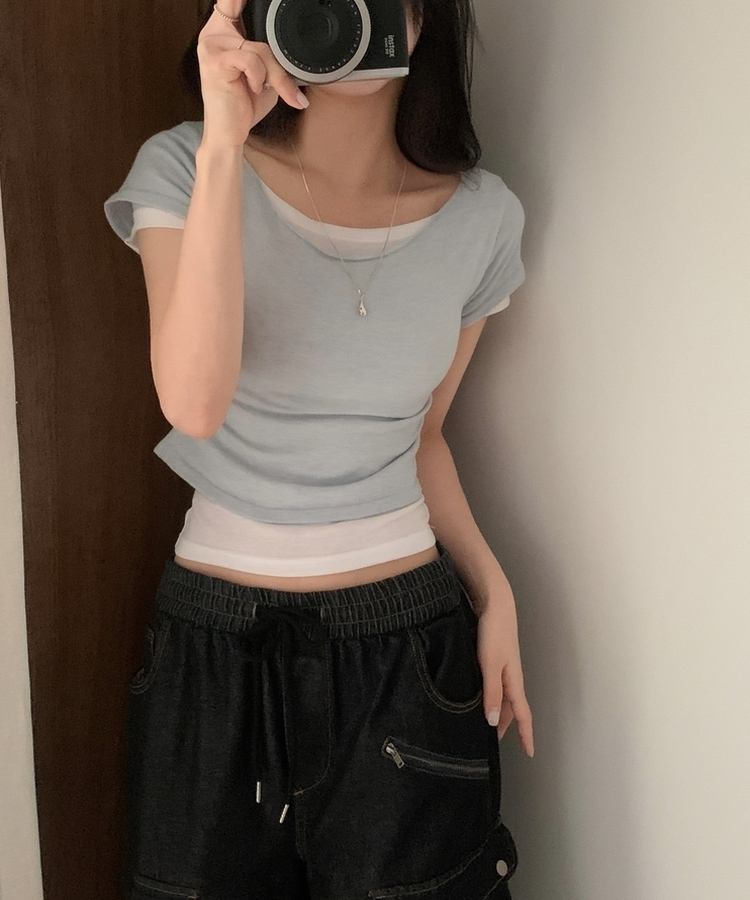 델리 레이어드 보트넥 셔링 여리핏 반팔 니트티셔츠 투피스 8color 소라